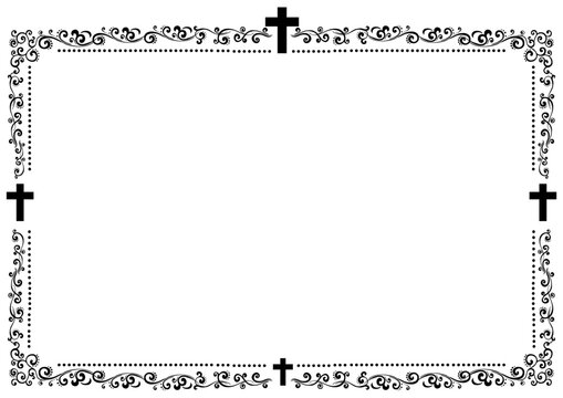 Obituary memorial lettering and floral ornament with cross isolated monochrome frame. Grief text with crucifix, flowers and leaves border, funeral inscription. Condolence message on gravestone