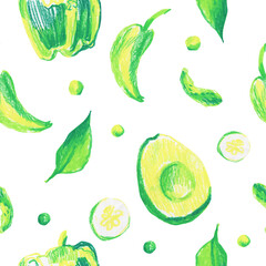 Green vegetables wax crayon seamless pattern on white isolated background. Textural and food repeating pattern. Design for textiles, wrapping paper and wallpaper.
