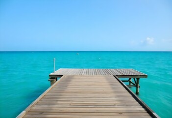 Obraz premium A wooden dock or pier overlooking a calm, turquoise ocean with a clear blue sky in the background