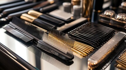 Close-up of various combs, gold and black, displayed on a reflective surface.