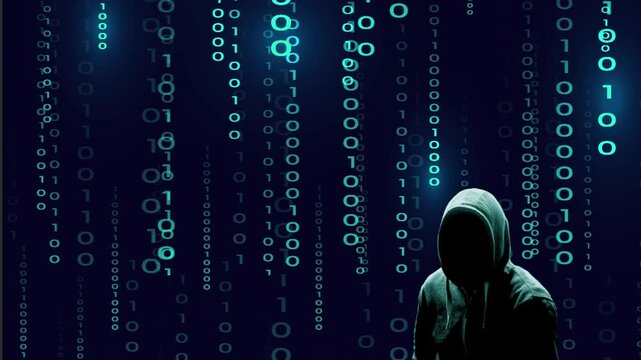 Silhouette cyan d&eacute;cal&eacute;e sur la droite du cybercriminel inqui&eacute;tant sur fond de donn&eacute;es binaires cyan