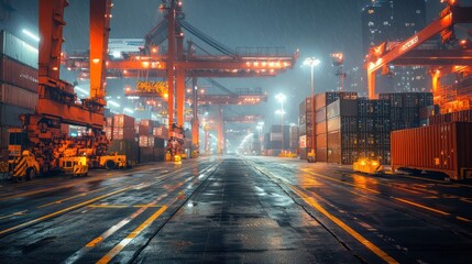 Fototapeta premium A nighttime view of a busy shipping yard, illuminated by industrial lights, showcasing cranes and shipping containers along a wet, reflective road.