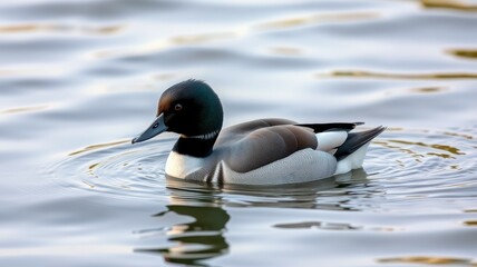 Obraz premium Swimming duck gliding across calm water at a tranquil pond during early morning light