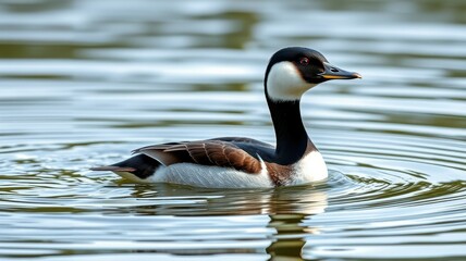 Swimming bird glides gracefully on a calm lake during a sunny afternoon in a natural habitat