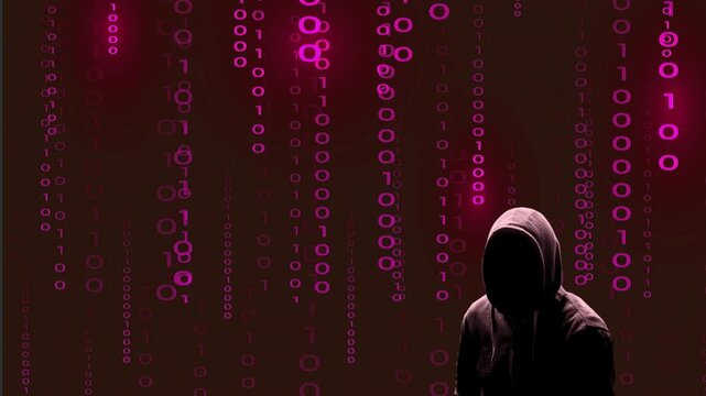 Silhouette rose d&eacute;cal&eacute;e sur la droite du cybercriminel inqui&eacute;tant sur fond de donn&eacute;es binaires rose