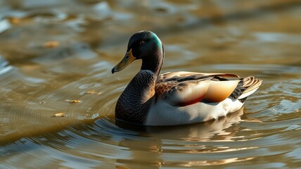 Obraz premium Duck swims gracefully in a tranquil pond during a sunny day
