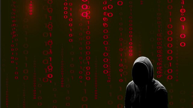 Silhouette noire d&eacute;cal&eacute;e sur la droite du cybercriminel inqui&eacute;tant sur fond de donn&eacute;es binaires rouges