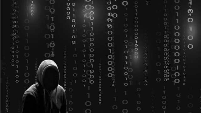 Silhouette noire d&eacute;cal&eacute;e sur la gauche du cybercriminel inqui&eacute;tant sur fond de donn&eacute;es binaires blanches