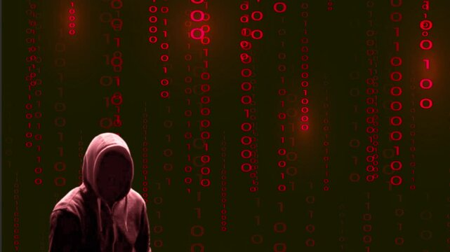 Silhouette rouge d&eacute;cal&eacute;e sur la gauche du cybercriminel inqui&eacute;tant sur fond de donn&eacute;es binaires rouge