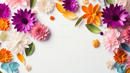 Obraz premium Vibrant Collection of Beautiful Paper Flowers in Bright Colors with Green Leaves on a White Background for Creative Projects