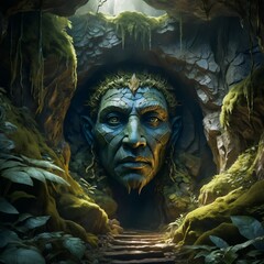 Stone Guardian: A Mystical Jungle Cave Entrance