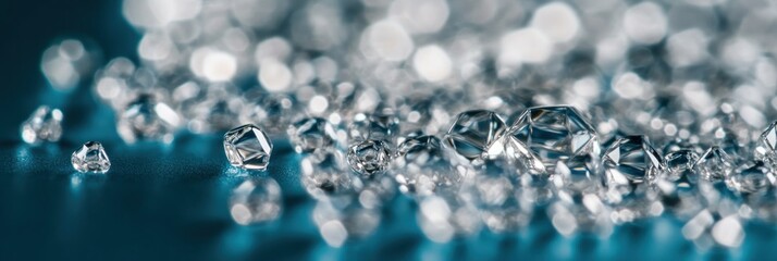 Fototapeta premium Sparkling diamonds scattered on a teal surface.