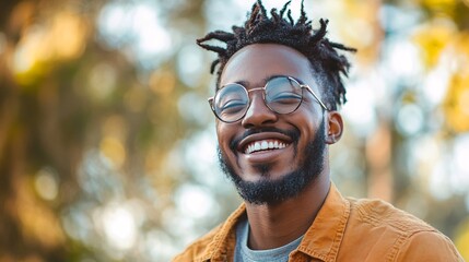Happy black man smiling outdoors wearing glasses and casual clothing
