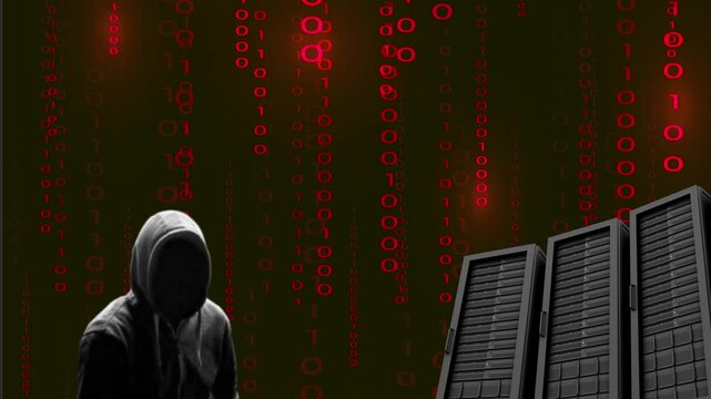 Silhouette noire d&eacute;cal&eacute;e sur la gauche du cybercriminel s'attaquant &agrave; des serveurs sur fond de donn&eacute;es binaires rouge
