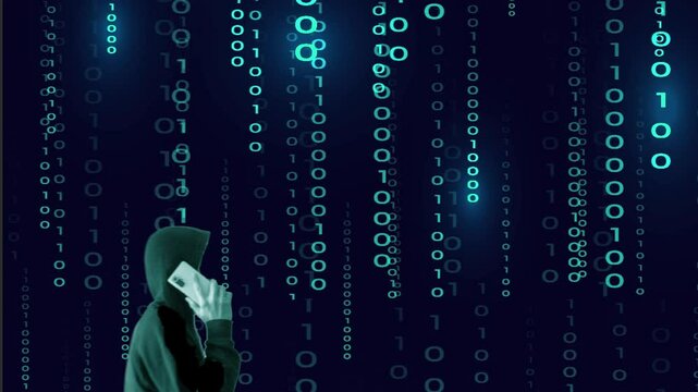 Harc&egrave;lement : Silhouette bleue du cybercriminel avec un smartphone &agrave; la main et &agrave; l'oreille sur fond de donn&eacute;es binaires cyan