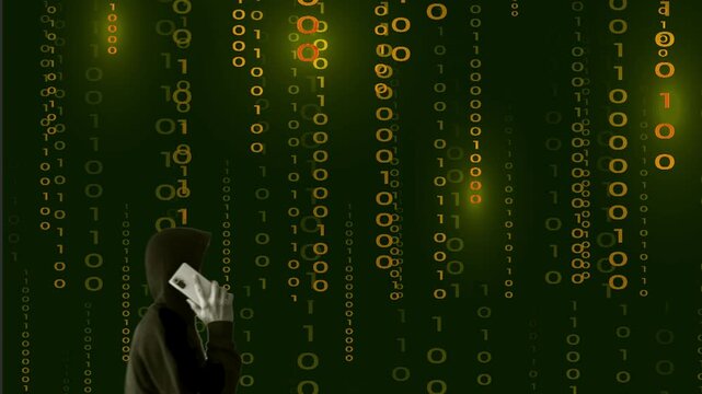 Harc&egrave;lement : Silhouette noire du cybercriminel avec un smartphone &agrave; la main et &agrave; l'oreille sur fond de donn&eacute;es binaires or
