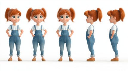 3D render of a cute cartoon girl in denim overalls, shown from multiple angles.