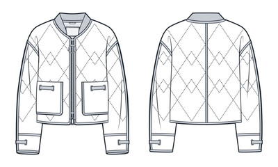 Down Jacket technical fashion Illustration. Bomber Jacket fashion flat technical drawing template, pockets, zipper, eyelets hole, quilted, front and back view, white, women, men, unisex CAD mockup.