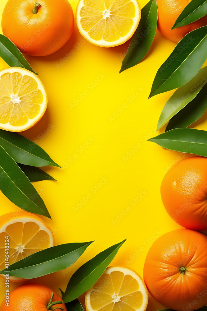 Poster a colorful top view design features overlapping orange and lemon leaves against a vibrant colored ba