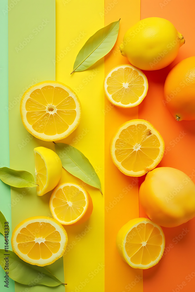 Poster a colorful top view design features overlapping orange and lemon leaves against a vibrant colored ba