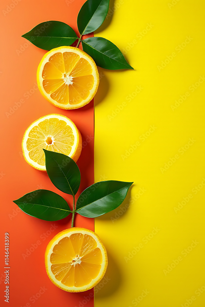 Poster a colorful top view design features overlapping orange and lemon leaves against a vibrant colored ba