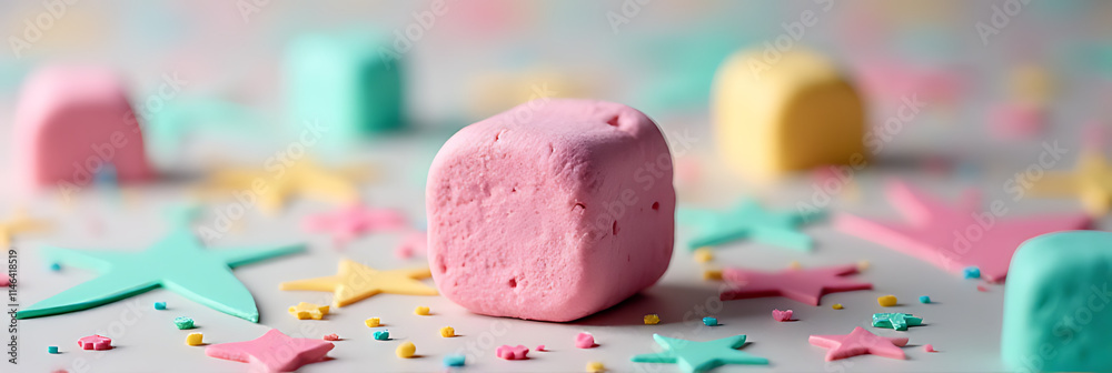 Poster A colorful marshmallow sits atop a decorative background with a flat lay texture creating a lively party atmosphere and celebratory feel overall._00003_
