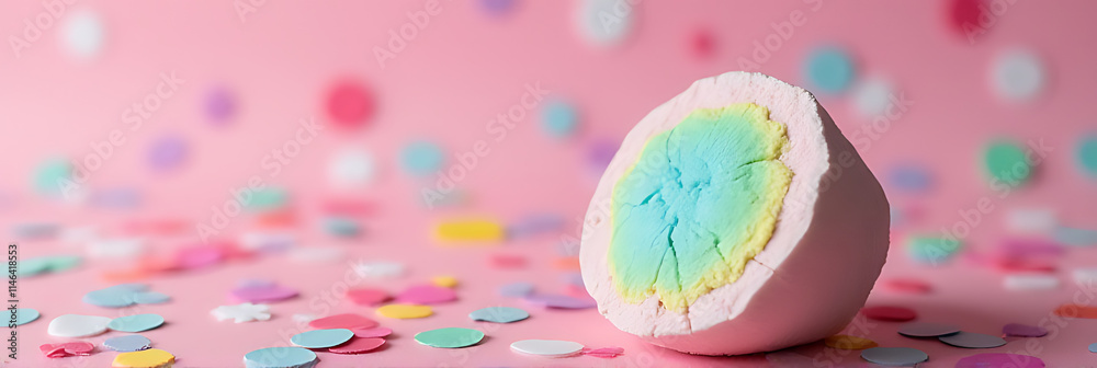 Poster A colorful marshmallow sits atop a decorative background with a flat lay texture creating a lively party atmosphere and celebratory feel overall._00002_