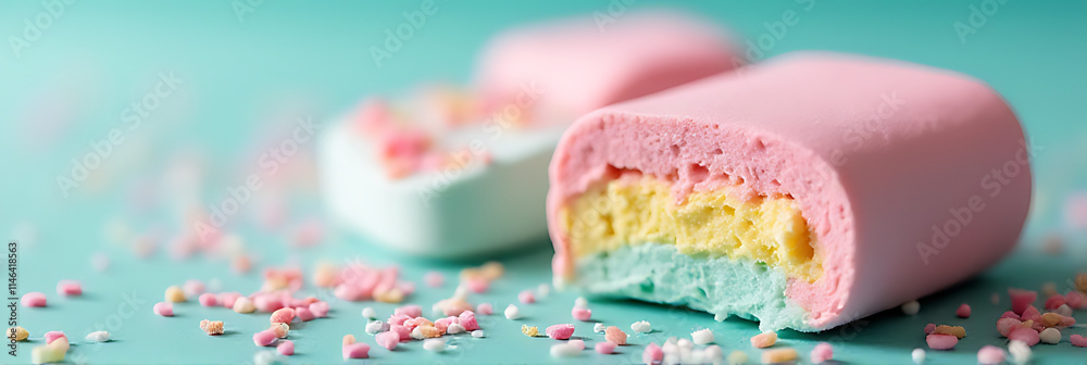 Poster A colorful marshmallow sits atop a decorative background with a flat lay texture creating a lively party atmosphere and celebratory feel overall._00001_