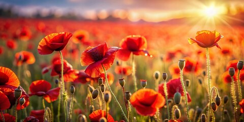 Fototapeta premium Aerial View Red Poppy Field, Drone Photography, Blooming Poppies, Summer Flowers, Landscape Photography, Wildflowers, Nature Photography, Red Flower Field