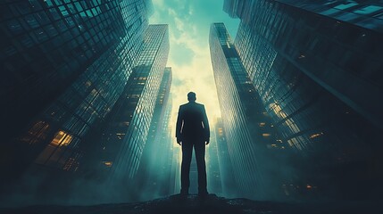 A lone businessman stands amidst towering city skyscrapers