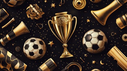 21.Golden soccer-themed pattern featuring a detailed golden boot, trophy, ball, whistle, and horn. Each element is elegantly arranged against a dark background, with intricate golden highlights