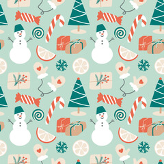 Simple Modern Christmas Elements Seamless Pattern. Cute flat Christmas Tree, Snowman, orange, Gift, Candies, Mittens. Perfect print for fabric, wrapping paper or cover.