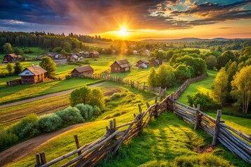 Naklejka premium Aerial View Russian Summer Village Old Wooden Fence - Drone Photography Stock Image