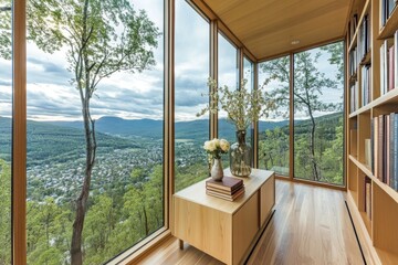 Espacio minimalista en un salón con ventanales panorámicos y vistas a la montaña