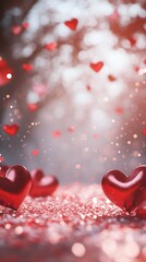 Vertical frame with red hearts. Copy space. Photorealistic nature, blurred background. Glitters and bokeh. Valentine's day, love concept. Generative AI 