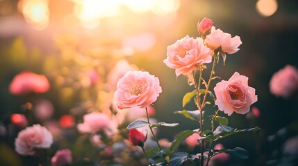 Obraz premium Pink roses blooming in warm sunset light
