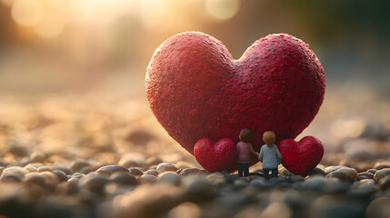 Fototapeta premium Loving Couple Miniature Illustration with Giant Heart
