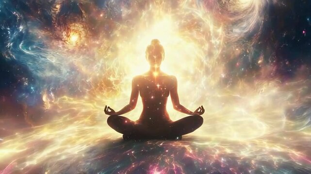 Silhouette of a Meditating Woman in Cosmic Space Surrounded by Stars and Galaxies new beautiful stock video footage animation AI