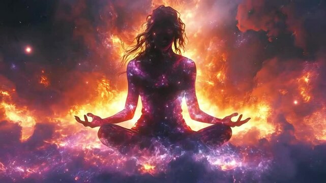 Silhouette of a Meditating Woman in Cosmic Space Surrounded by Stars and Galaxies new beautiful stock video footage animation AI