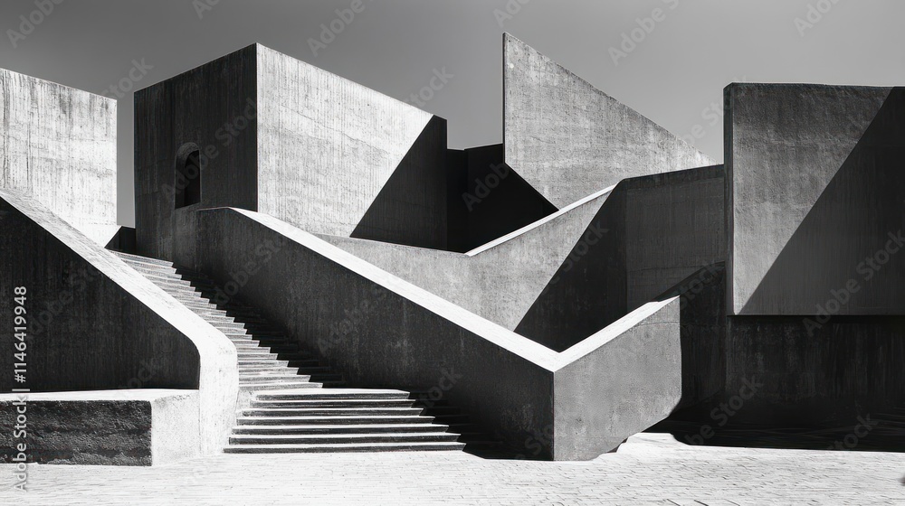 Aufkleber abstract architectural composition featuring geometric forms and staircases in monochrome.