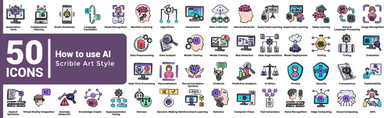 How to use AI 50 icon set in scrible art style