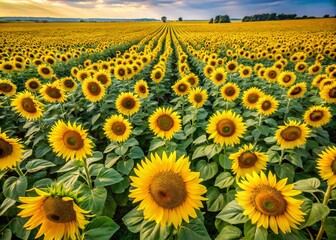 Obraz premium Aerial View Sunflowers White Background, High-Angle Sunflower Field Photography, Drone Sunflower Image, White Background Sunflower Pictures