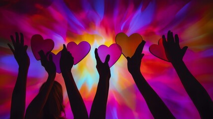 34.A photo of hands in silhouette, clutching heart-shaped cutouts against a vivid, energetic stage background. Radiant stage lighting illuminates the hearts and creates a powerful moment of unity and