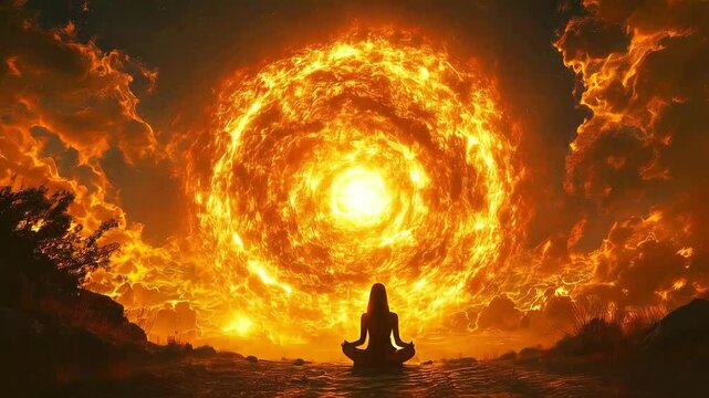 Silhouette of a Meditating Woman in Cosmic Space Surrounded by Stars and Galaxies new beautiful stock video footage animation AI