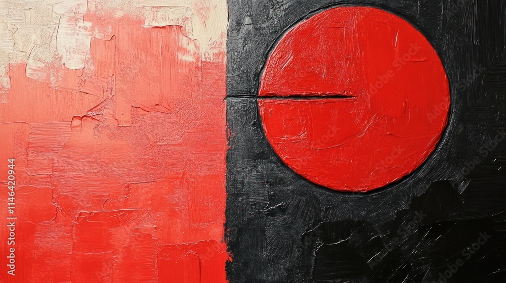 Poster abstract artwork featuring a divided canvas with a large red circle on a black background.