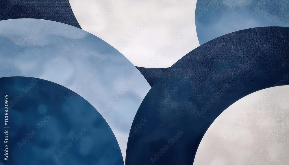 Poster abstract overlapping blue and white geometric circular shapes with textured gradients. minimalist ba