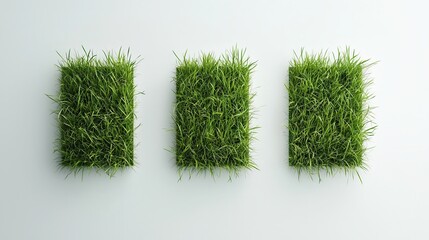 Lush green grass patches arranged neatly on a white background, symbolizing nature imagine food photography, macro shot, natural lighting