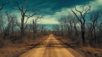 The dirt road cuts through a landscape of barren trees. Their twisted, leafless branches stand tall against the sky