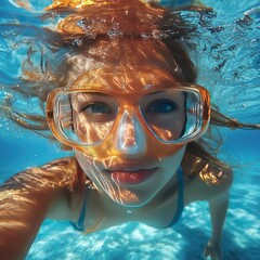Naklejka premium Underwater Woman with Snorkel Mask, Sunlit Ocean Water