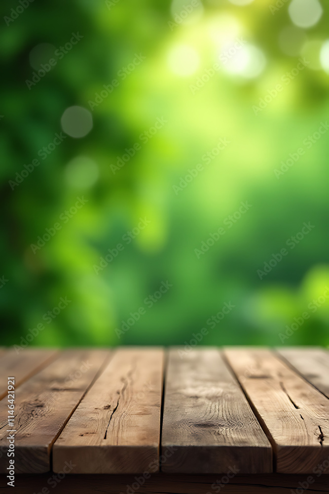 Poster a blurred wood table sits atop a vibrant abstract green background with garden elements and natural 